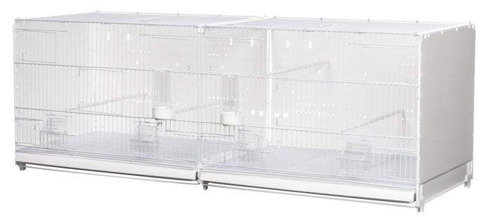 A large, foldable and stackable bird breeding cage made of coated wire with two plastic sides, designed for housing small birds such as canaries, finches, parakeets, and cockatiels.