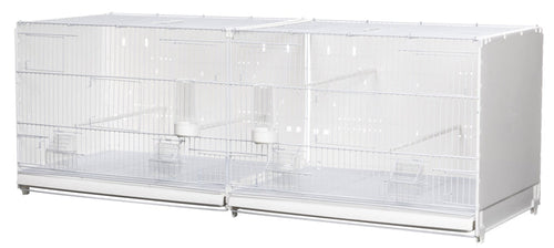 A large, foldable and stackable bird breeding cage made of coated wire with two plastic sides, designed for housing small birds such as canaries, finches, parakeets, and cockatiels.