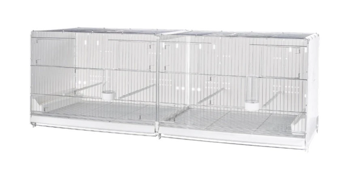 A large bird breeding cage made of galvanized wires, capable of being divided into two parts, with plastic sides.