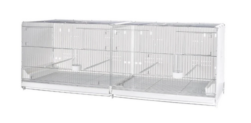 A large bird breeding cage made of galvanized wires, capable of being divided into two parts, with plastic sides.