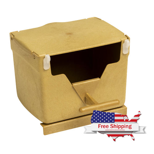 A yellow bird nest with an inspection door suitable for small exotic birds.