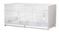 A white 2GR bird breeding cage with plastic sides and a metal framework, designed for use as part of an aviary system.