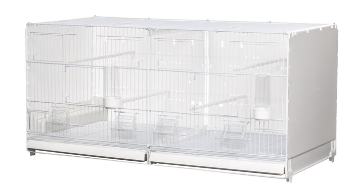 A white 2GR bird breeding cage with plastic sides and a metal framework, designed for use as part of an aviary system.