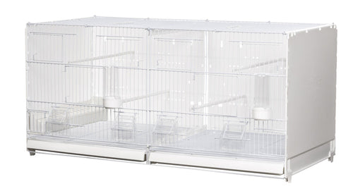 A white 2GR bird breeding cage with plastic sides and a metal framework, designed for use as part of an aviary system.