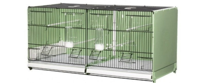 A green 2GR bird breeding cage with plastic sides and a metal framework, designed for use as part of an aviary system.