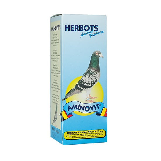 A product box of AMINOVIT by Herbots, depicting a pigeon and the product information on a blue background.