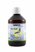 A bottle of 'HERBOTS Bio Duif', a supplement for birds, with a label showing a white dove and product details.