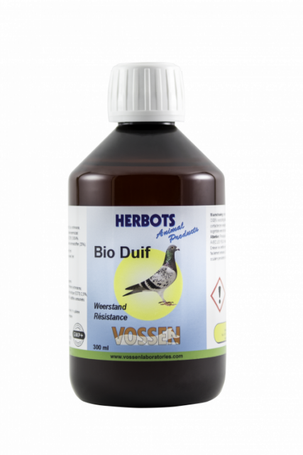 A bottle of 'HERBOTS Bio Duif', a supplement for birds, with a label showing a white dove and product details.