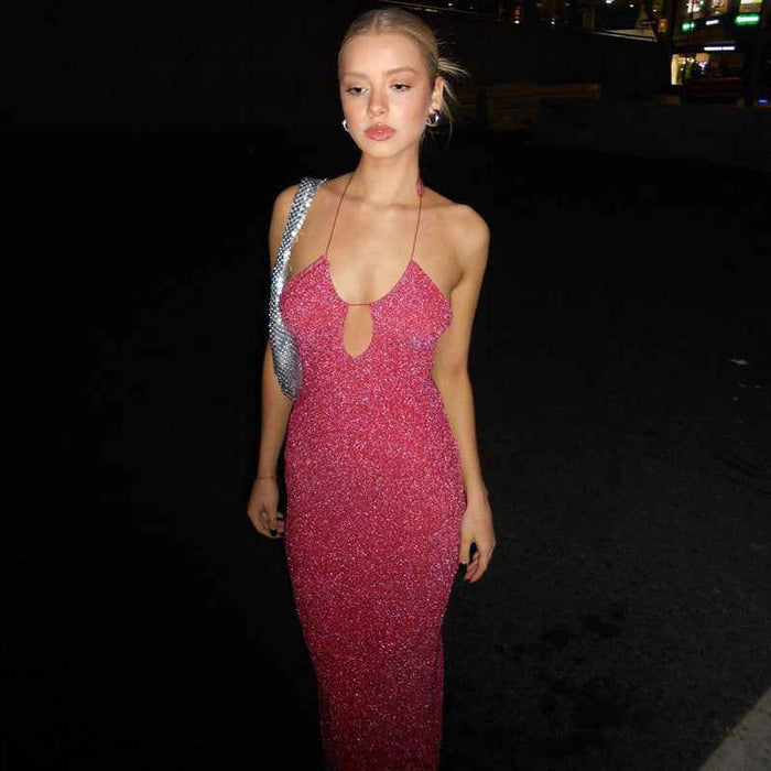 Bright Silk Suspender Backless Sheath Dress
