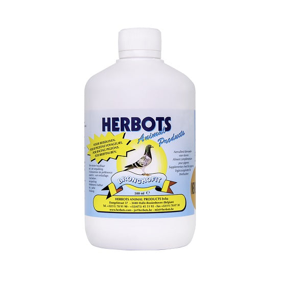 A bottle of BRONCHOFIT by Herbots, a concentrated herbal drink for pigeon bronchial tubes support, in a 500ml size with labels detailing the product benefits.