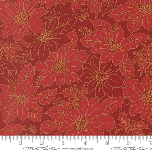 Crimson Poinsettia Blooms Floral Damask- Merry Manor