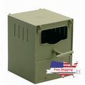 A green metal bird nest box with a folding parrot nest design, suitable for parrots, parakeets, and exotic birds, featuring a handle and a flag indicating free shipping.