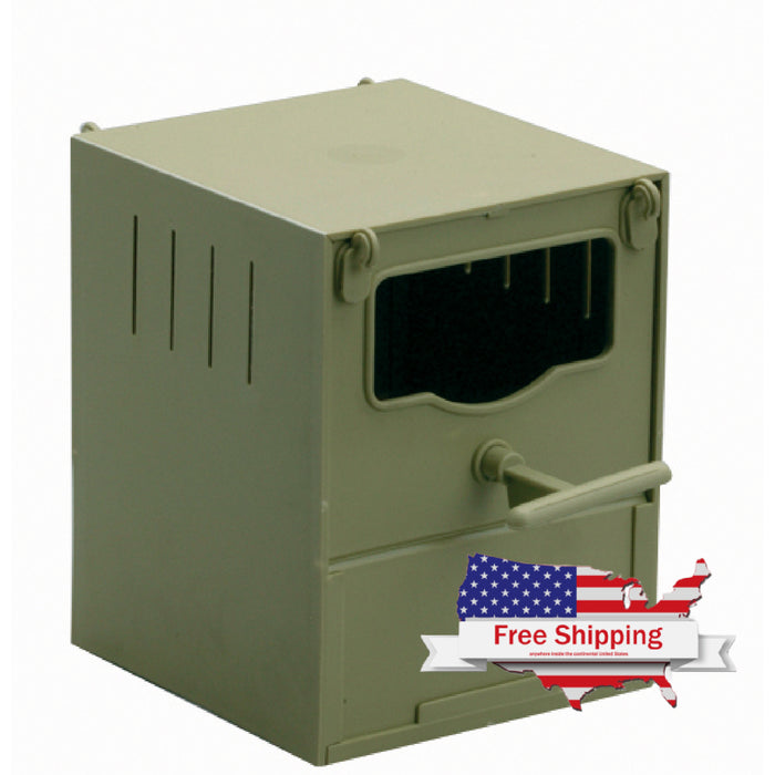 A green metal bird nest box with a folding parrot nest design, suitable for parrots, parakeets, and exotic birds, featuring a handle and a flag indicating free shipping.