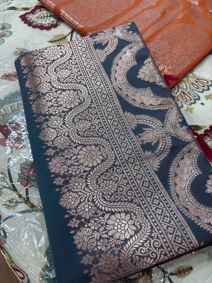 Drushti Steel Blue & Magenta Banarasi-Style Zari Work Designer Saree