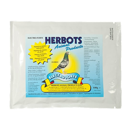 A packet of HERBOTS Animal Products, Electrolyte supplement for animals, with a blue and yellow label.
