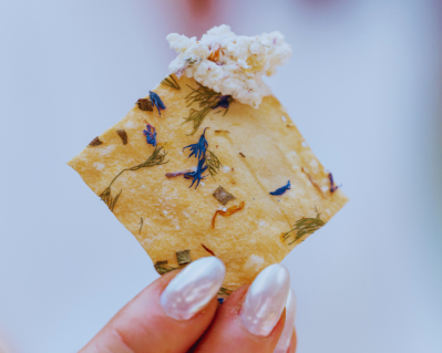 A hand holding a square floral cracker topped with cheese