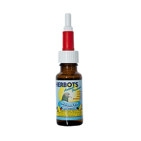 A bottle of 'Herbots Golden Eye' eye drops for pigeons with a red dropper, against a white background.