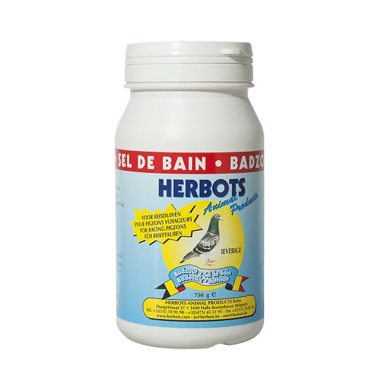 A container of Herbots bath salts for pigeons, with branding and product information on the label.