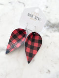 "Joy" Red + Black Buffalo Plaid Leather Petal Earrings - twistedbuffaloboutique