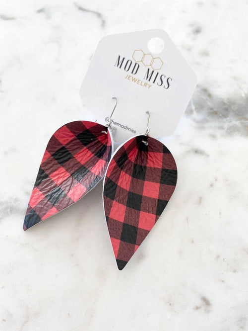 "Joy" Red + Black Buffalo Plaid Leather Petal Earrings - twistedbuffaloboutique