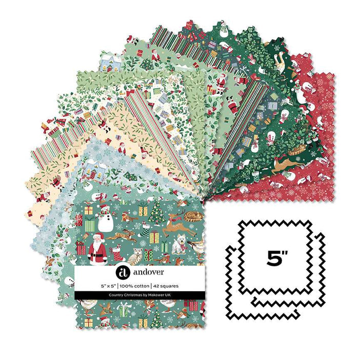 Makower Fabric Pre Cuts Makower Country Christmas 5" Square Pack - The Sewing Studio