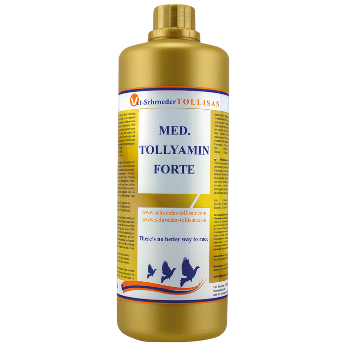 A bottle of Med. Tollyamin Forte, which is a supplement for racing pigeons, containing essential amino acids, electrolytes, and B vitamins.