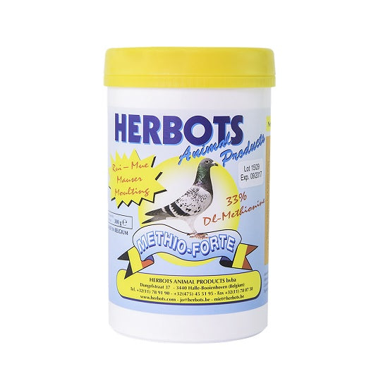 A container of HERBOTS METHIO-FORTE, a supplement for pigeons, with a yellow lid and label featuring an illustration of a pigeon and product details.