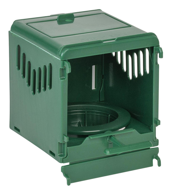 A green plastic bird nest box designed for cardinals, with a drawer on top and a removable inner basket.