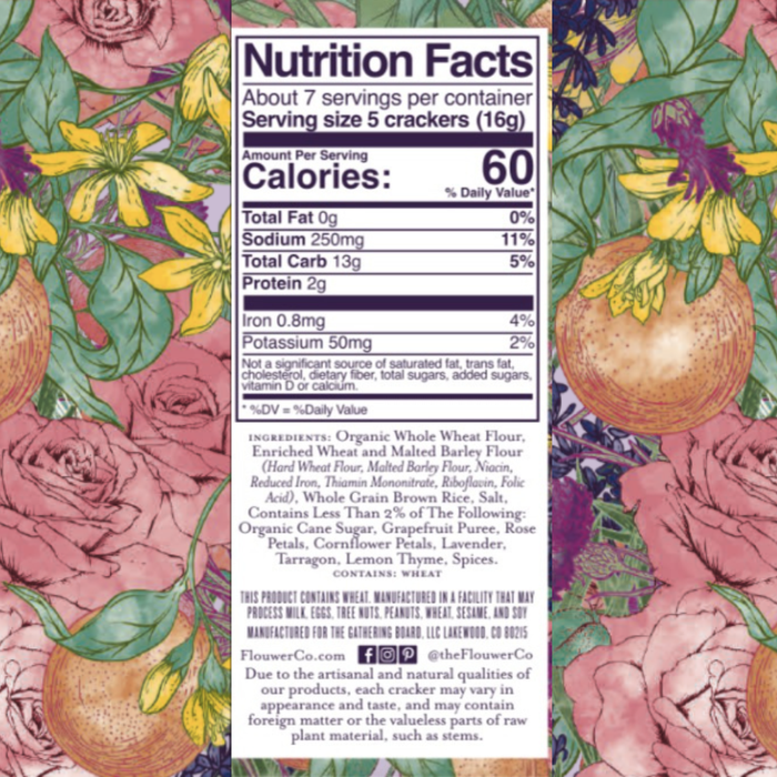 Nutrition Facts label for Flouwer Co. Artisanal Crackers on a floral background