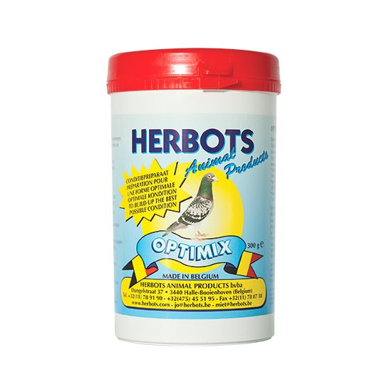 A plastic container of Herbots Animal Products, OPTIMIX, with a red lid, primarily designed for pigeons.
