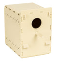 A beige bird nesting box with a round entrance hole on the front side and a removable drawer.