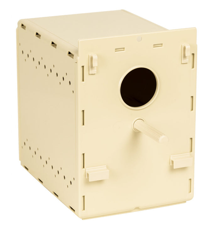 A beige bird nesting box with a round entrance hole on the front side and a removable drawer.