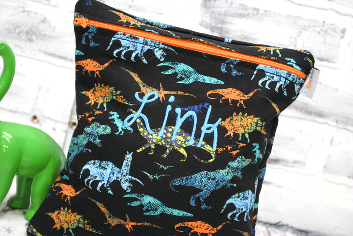 Personalized Dinosaurs on Black Reusable Food Bag