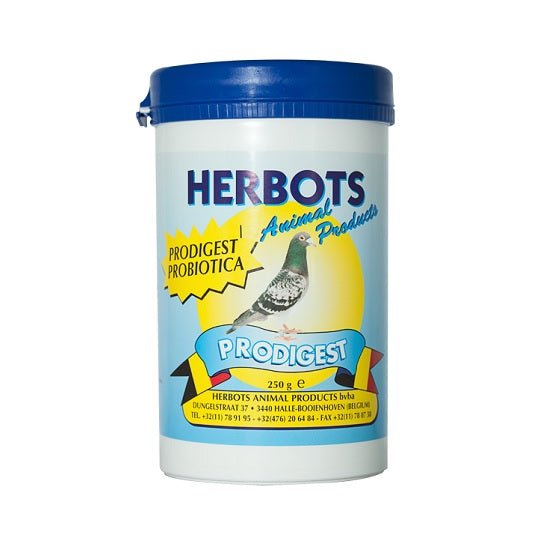 A plastic container of Herbots brand PRODIGEST pigeon feed supplement, with a label featuring a pigeon and product information.