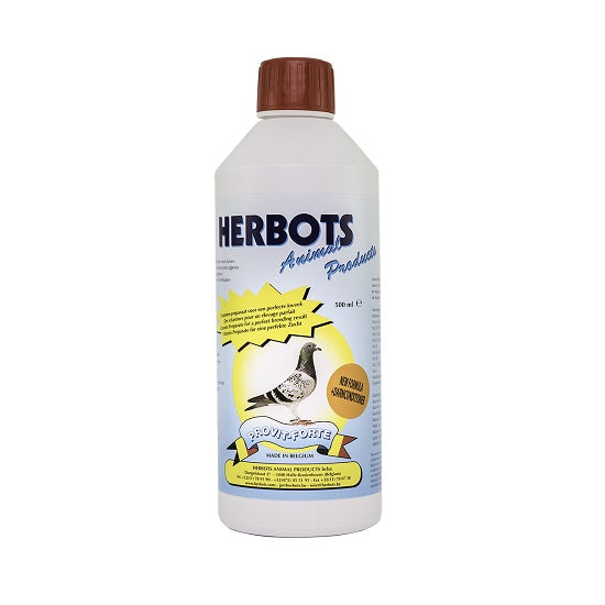 A 500ml bottle of PROVIT-FORTE liquid vitamin supplement for pigeons by Herbots, with branding and information on the label.