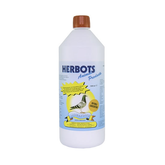 A 1liter bottle of PROVIT-FORTE liquid vitamin supplement for pigeons by Herbots, with branding and information on the label.