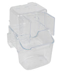 A clear plastic bird feeder with multiple sections.