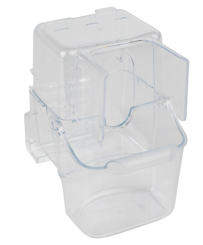A clear plastic bird feeder with multiple sections.