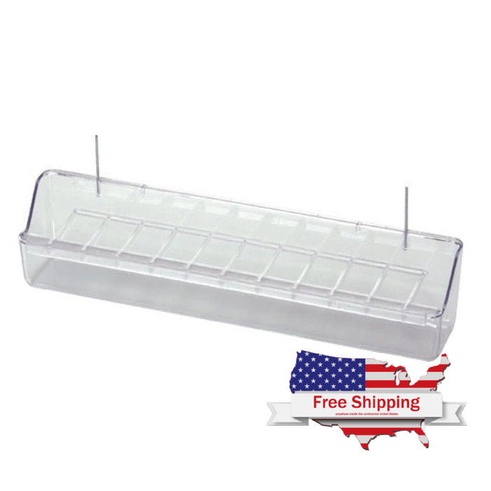 Transparent spill-proof bird feeder with hooks, suitable for cages and aviaries