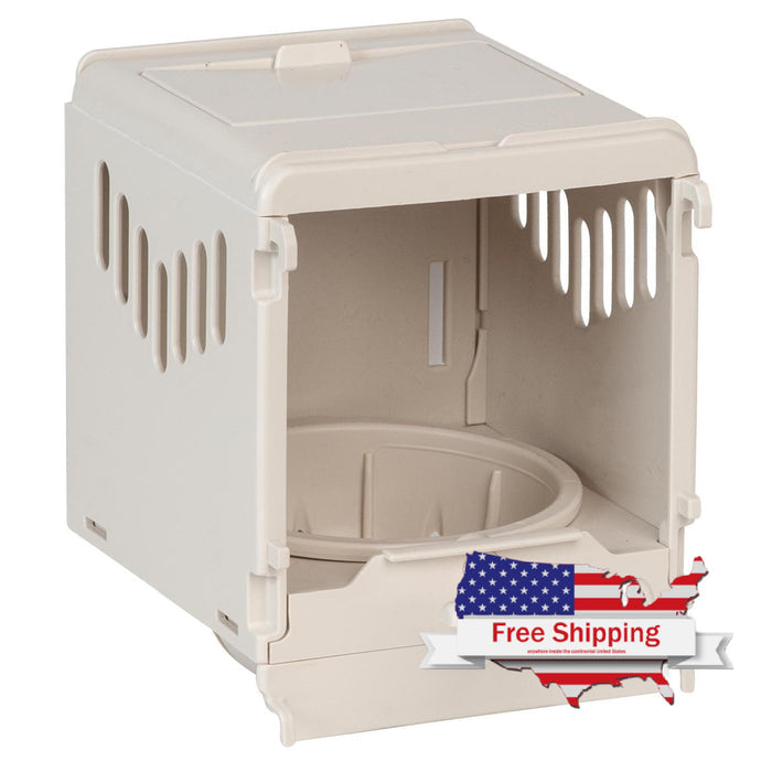 A beige exterior nest for canaries and finches with a removable cup, designed to be attached to a brooder cage door.