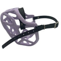 The Muzzle Movement Lilac Harry 2.0 dog muzzle with black straps and nickle hardware with chicago screws on a white background