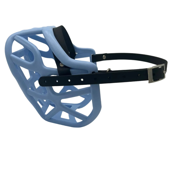 The Muzzle Movement Baby Blue Harry 2.0 dog muzzle with black straps, nickle hardware and chicago screws on a white background