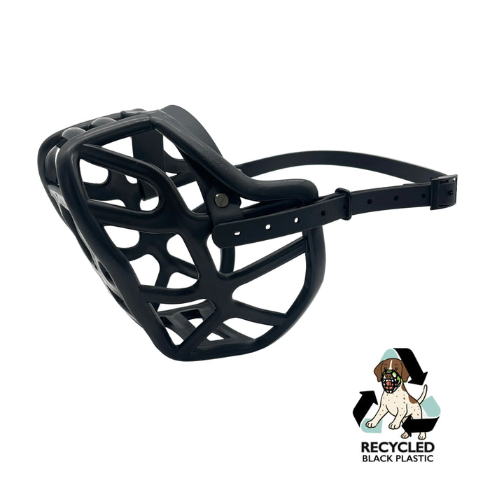 The Muzzle Movement Black Harry 2.0 dog muzzle with black straps and black hardware with chicago screws on a white background
