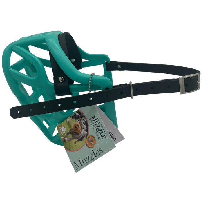 The Muzzle Movement Teal harry 2.0 dog muzzle with black straps and nickle hardware on a white background
