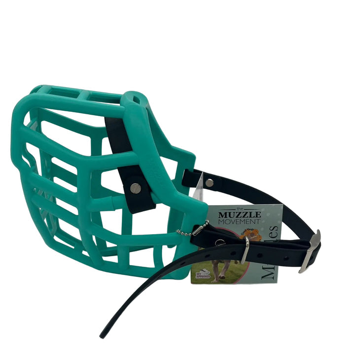 The Muzzle Movement Teal Neli dog muzzle with black straps, nickle hardware and chicago screws on a white background