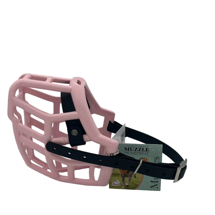 The Muzzle Movement Pastel Pink Neli with black straps, nickle hardware and chicago screws on a white background