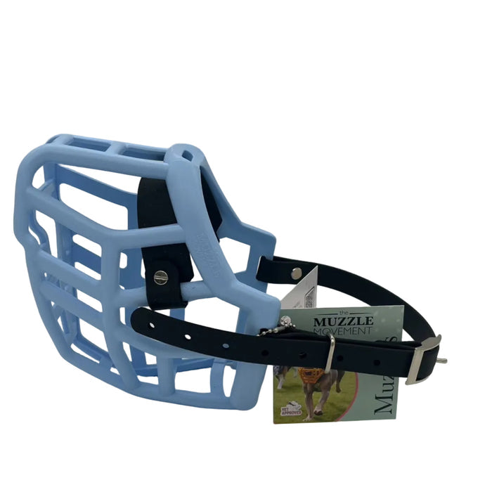 The Muzzle Movement baby blue Neli dog muzzle with black straps, nickle hardware and chicago screws