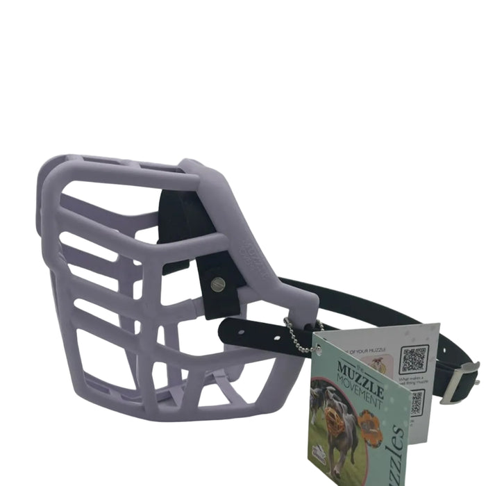 The Muzzle Movement Lilac Neli dog muzzle with black straps, nickle hardware and chicago screws on a white background
