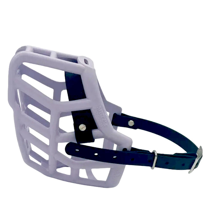 Lilac Dog muzzle with black strap on a white background