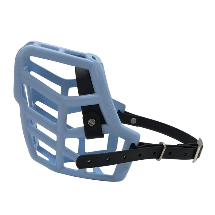 The Muzzle Movement Baby Blue dog muzzle with black straps on a White background